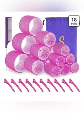 Pink Self-Grip Hair Rollers with Clips - Pack of 18